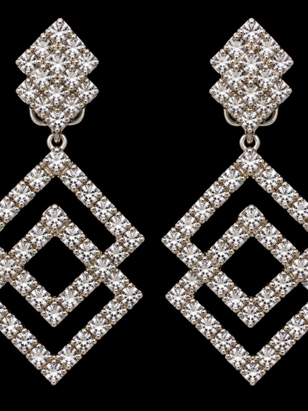 Vintage Clip-On Rhinestone Earrings – Double Diamond Cluster – 2 Inch